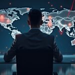 Analyst at a desk with holograms of Bitcoin and Ethereum and red arrows over a world map.