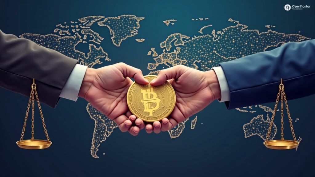 Crypto-fintech Dunamu-Naver merger ahead of a U.S. IPO with Nasdaq in the background and regulatory scales.