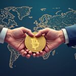 Crypto-fintech Dunamu-Naver merger ahead of a U.S. IPO with Nasdaq in the background and regulatory scales.