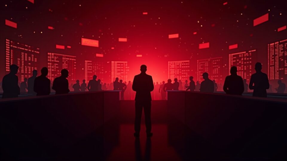 Photorealistic trading floor with BTC, ETH and DOGE screens in red and liquidation numbers glowing; silhouetted traders observe.