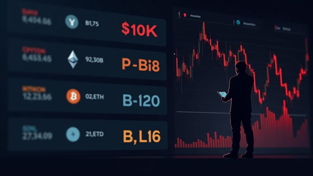 Photorealistic panel of the crypto market with BTC/ETH falling and an investor facing red metrics, a sign of macro risk.