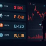 Photorealistic panel of the crypto market with BTC/ETH falling and an investor facing red metrics, a sign of macro risk.