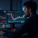 Crypto investor focused in a trading room, screens show HBAR drop and descending channel with RSI and MFI.