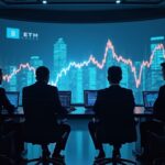 Modern boardroom with three executives in front of a console; screen shows ETH and BTC rising, symbolizing corporate crypto treasuries.
