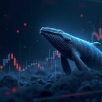 Silhouette of a crypto whale over a trading panel with BTC and XRP, showing 20x leverage and price drop.
