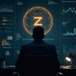 Cypherpunk investor at a desk, illuminated Zcash logo and privacy charts.