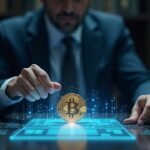 Senior central-bank official examines a holographic ledger displaying Bitcoin, a USD token, and a tokenized deposit.