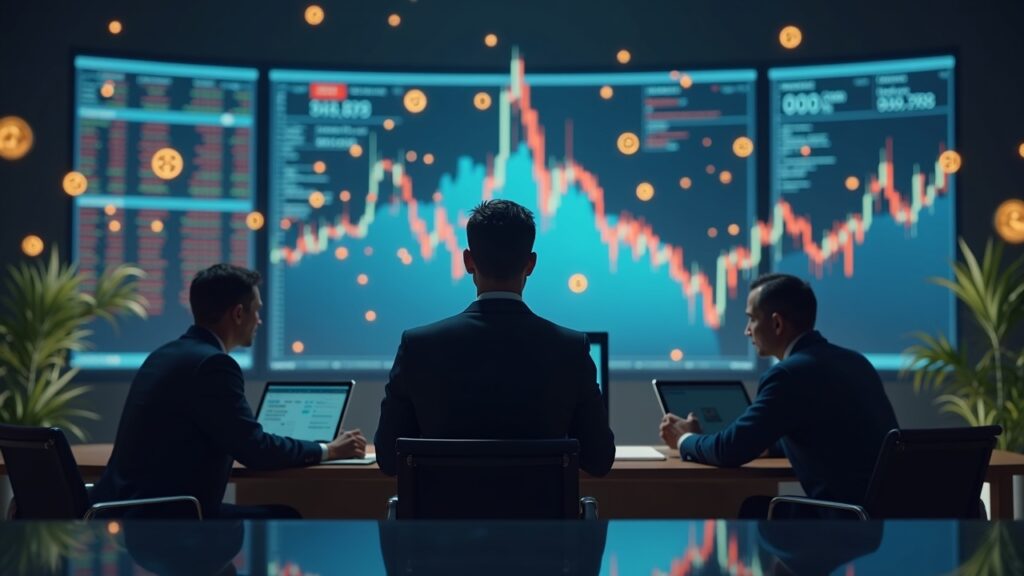 CEO in a press room surrounded by floating crypto assets, stock tickers and a sharp chart, with regulators in the background