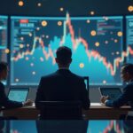 CEO in a press room surrounded by floating crypto assets, stock tickers and a sharp chart, with regulators in the background