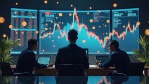 CEO in a press room surrounded by floating crypto assets, stock tickers and a sharp chart, with regulators in the background
