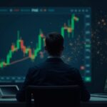 Trader in a newsroom watches a Bitcoin chart with a death cross; red drop and possible recoveries.