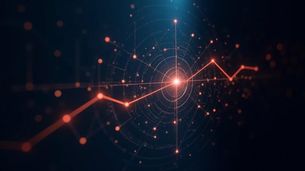 Photorealistic DeFi vault with TVL chart and connected nodes, showing valuation, risks and institutional participation.
