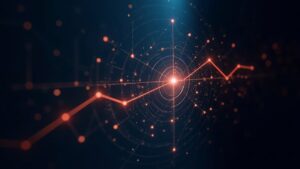 Photorealistic DeFi vault with TVL chart and connected nodes, showing valuation, risks and institutional participation.