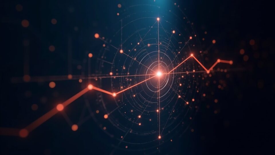 Photorealistic DeFi vault with TVL chart and connected nodes, showing valuation, risks and institutional participation.