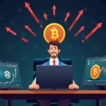 Crypto trading desk scene, BTC and ETH drop, worried manager and red arrows toward an ETP logo, blockchain nodes in the background.