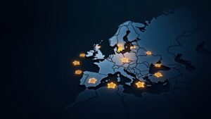 Trading desk with euro stablecoins orbiting a map of Europe, real-time settlement and tokenized assets.