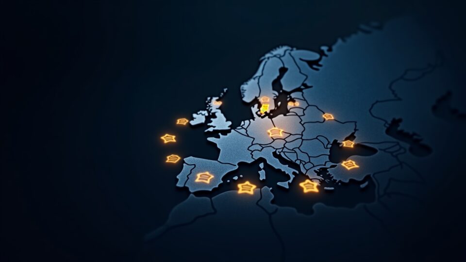 Trading desk with euro stablecoins orbiting a map of Europe, real-time settlement and tokenized assets.