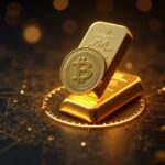 DGLD digital gold bar floating over a Swiss vault, backed by LBMA, with a digital grid and blockchain map.