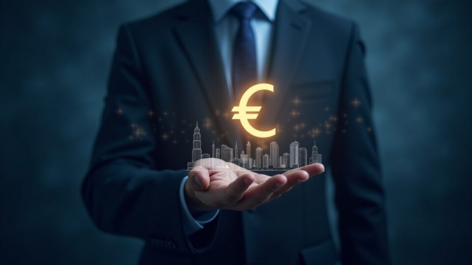 European leader holds a glowing icon of the digital euro; the silhouette of the U.S. skyline and data flows can be seen.