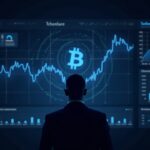 Executive figure in front of neon crypto dashboard (BTC/ETH) with tariff dividend icon, editorial style.