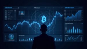 Executive figure in front of neon crypto dashboard (BTC/ETH) with tariff dividend icon, editorial style.