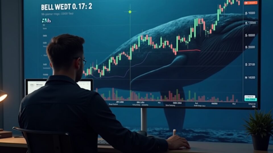 Realistic trader at a desk with a large screen showing DOGE with a lower-low sequence and resistance at 0,17, with whales in the background.