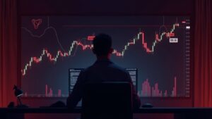 Focused trader watches Dogecoin chart at 0.16, with red sell walls blocking the breakout in a modern studio.