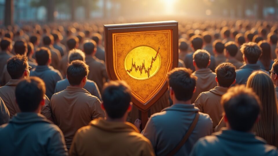 Diverse crowd of retail traders protects Dogecoin, with icons of LibDogecoin and GigaWallet, suggesting micropayments.