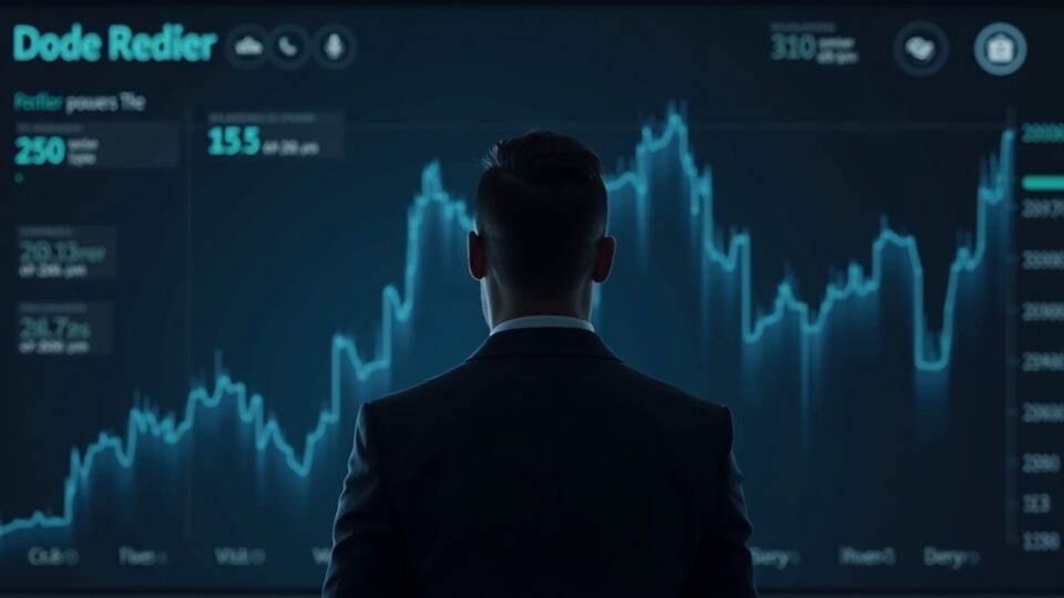Trader in suit in front of crypto ETF dashboard with DOGE and small inflows; regulatory icon blurred in the background