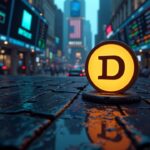 Wall Street trading floor with a prominent Dogecoin logo, dynamic ETF tickers and NYSE signage.