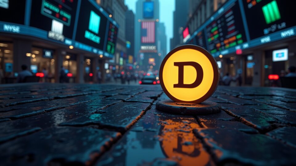 Wall Street trading floor with a prominent Dogecoin logo, dynamic ETF tickers and NYSE signage.