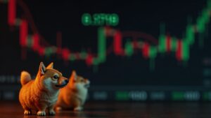 Dogecoin in the foreground with a Bitcoin chart in the background, make-or-break zone near 0,1719 and red and green candles.