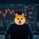 Financial newsroom scene: focused trader, Dogecoin logo overlaid and red chart with bearish crossover and support at 0,15