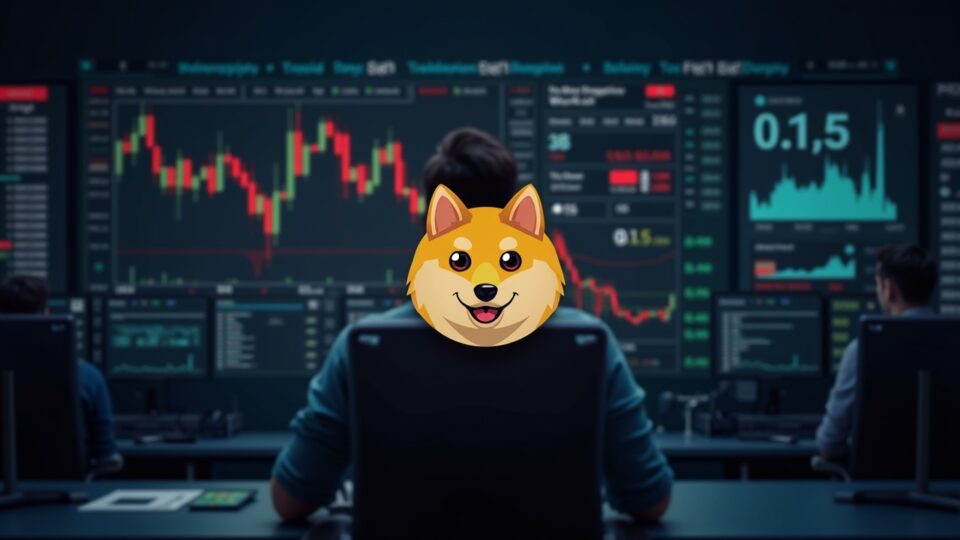 Financial newsroom scene: focused trader, Dogecoin logo overlaid and red chart with bearish crossover and support at 0,15