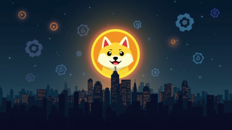 Dogecoin logo in the foreground over a skyline; blue chip logos fade away, with a technological glow and an ETF.