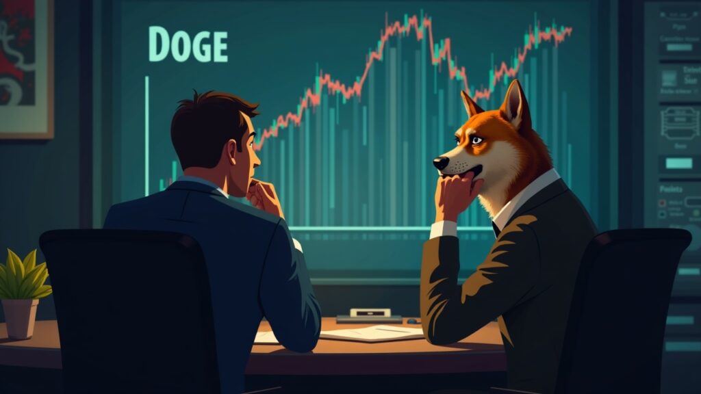 Worried CFO in a boardroom facing a downward DOGE chart and a silhouette of a balance sheet with an eroded crypto treasury.