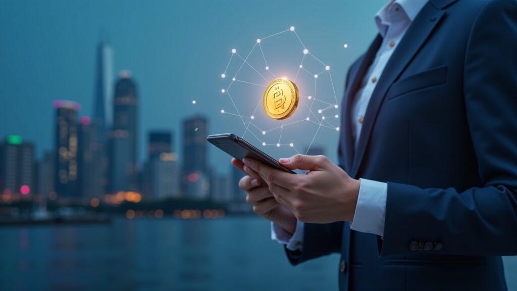 An executive uses a mobile wallet with a holographic Dongbaek-jeon token, in front of the Busan skyline and blockchain lines.