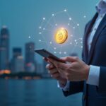 An executive uses a mobile wallet with a holographic Dongbaek-jeon token, in front of the Busan skyline and blockchain lines.