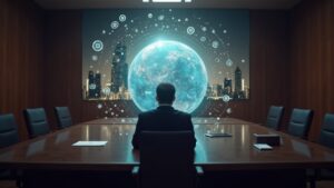 Photorealistic court: central judge, Dubai skyline and holographic TUSD tokens surrounding a globe, freeze of 456 M.