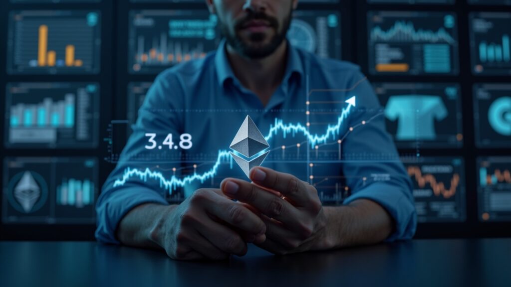 Photorealistic crypto trader with Ethereum at 3,4K on an illuminated chart, on-chain data and institutional logos in the background.