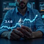 Photorealistic crypto trader with Ethereum at 3,4K on an illuminated chart, on-chain data and institutional logos in the background.