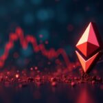 ETH logo leaning over a red price chart, with ETF flows like streams and an analyst in a crypto newsroom.