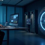 Professional in front of a DeFi dashboard with the Ethereum logo and a vault, symbolizing secure on-chain savings.