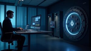 Professional in front of a DeFi dashboard with the Ethereum logo and a vault, symbolizing secure on-chain savings.