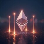 Photorealistic centered Ethereum logo with four bright pillars representing the four key factors.