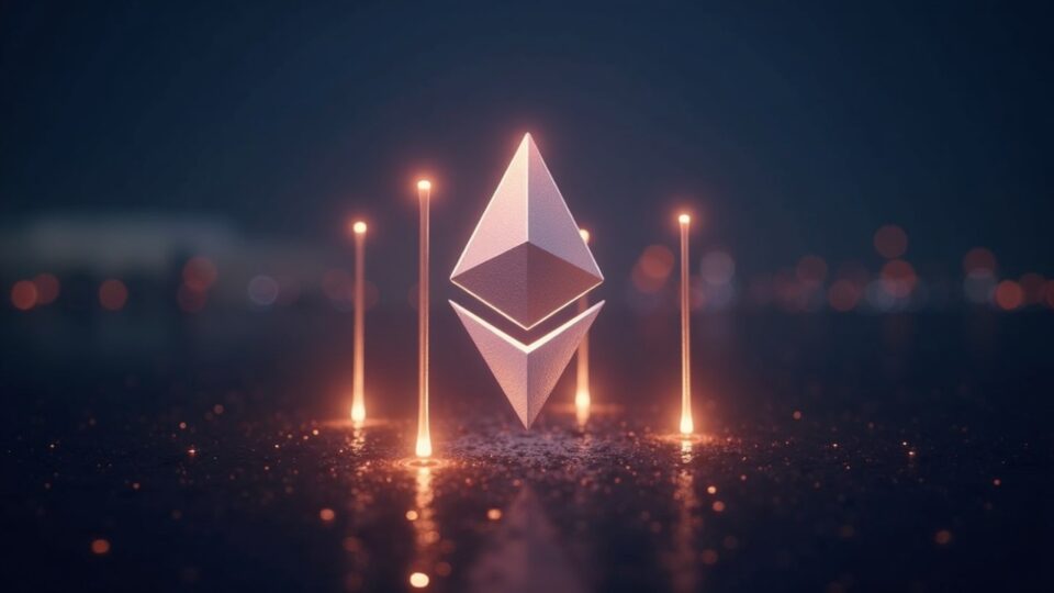 Photorealistic centered Ethereum logo with four bright pillars representing the four key factors.