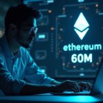 Blockchain engineer at a modern desk, with Ethereum flows and a 60M gas per block indicator alluding to Fusaka.