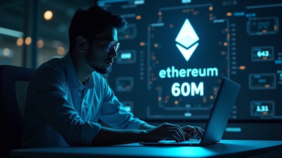 Blockchain engineer at a modern desk, with Ethereum flows and a 60M gas per block indicator alluding to Fusaka.