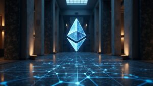 Lobby of a European bank with Ethereum logo and Layer 2 visuals, reflecting institutional adoption of ETH
