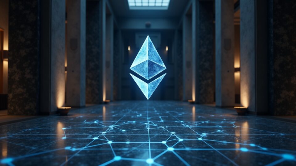 Lobby of a European bank with Ethereum logo and Layer 2 visuals, reflecting institutional adoption of ETH